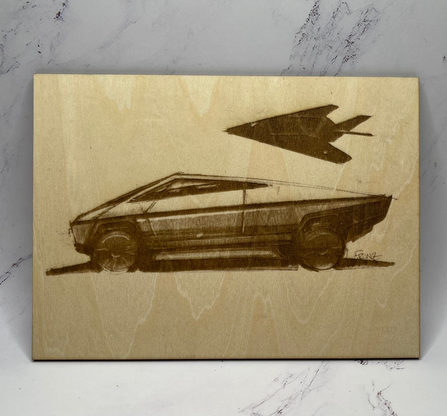 Laser Engraved Franz von Holzhausen Cybertruck Sketch on 3mm Basswood
