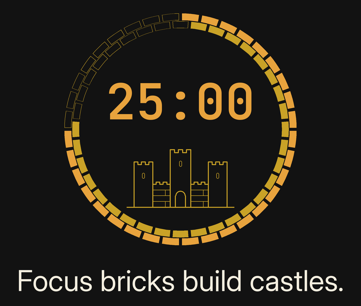 Focus Session Framed Print, Castle Ring design, close-up of the print artwork: ring of amber and gold bricks, partly filled with the rest in outline, around an amber 25:00 timer with a small line-drawn castle inside, above the line 'Focus bricks build castles.' on charcoal