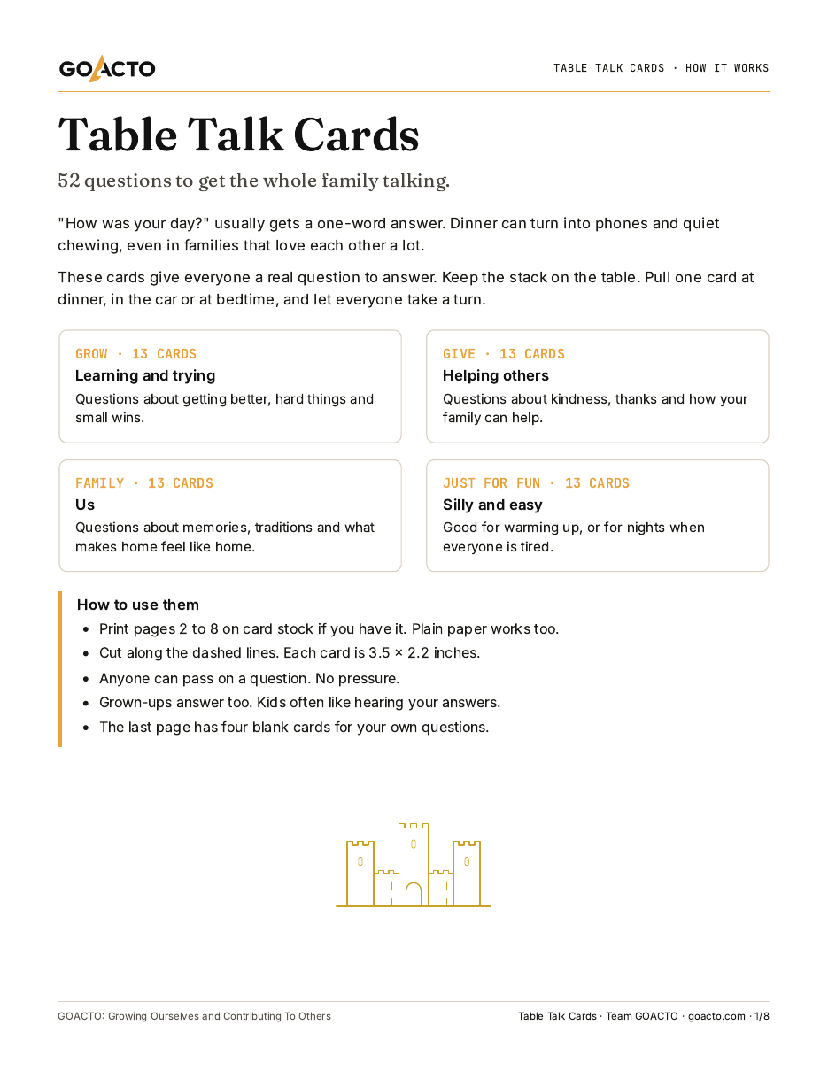 Table Talk Cards printable, page one preview