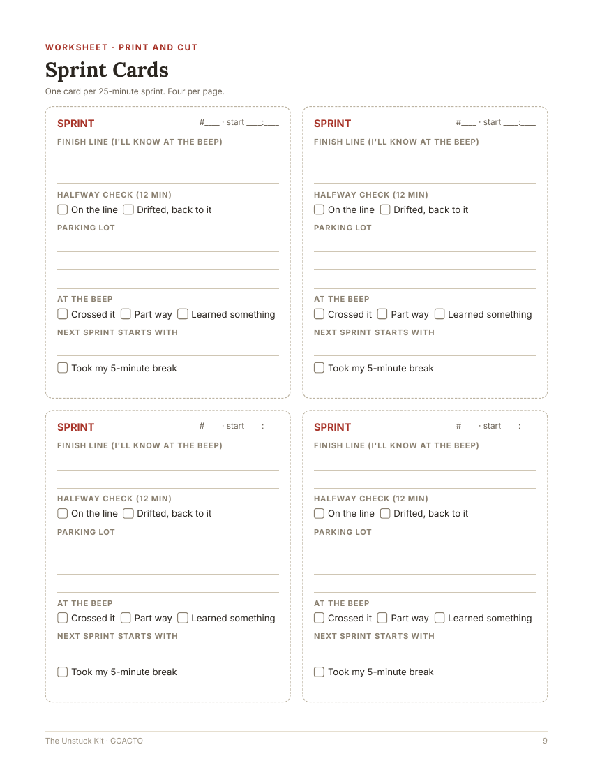 25-minute sprint cards page from The Unstuck Kit