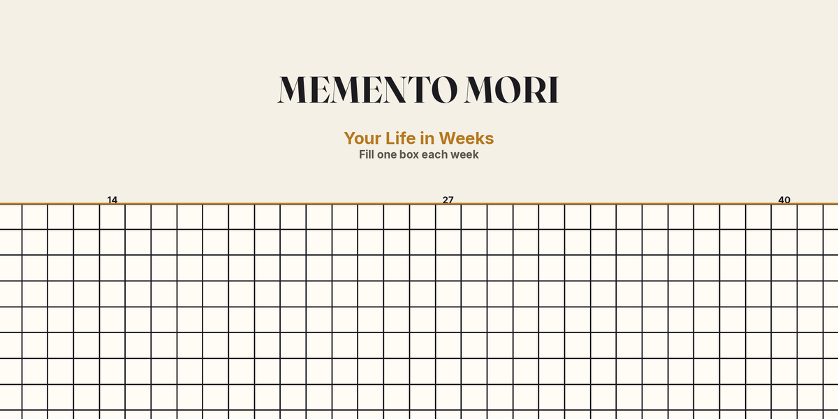 Close-up of the Memento Mori Tracker by GOACTO (16×20): serif MEMENTO MORI header, 'Your Life in Weeks' and 'Fill one box each week' above the top of the week grid on cream paper