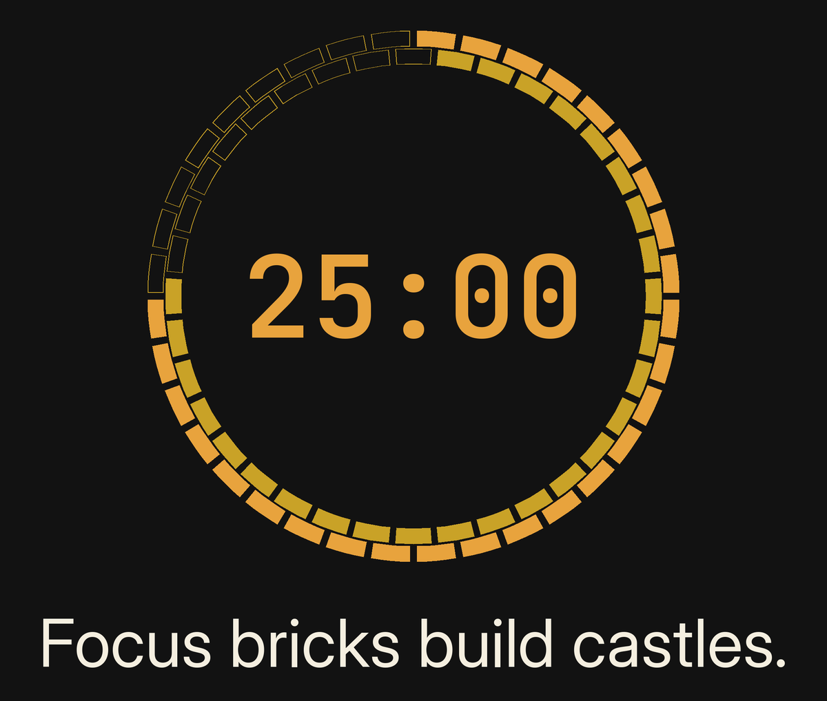 Focus Session Framed Print, Brick Ring design, close-up of the print artwork: ring of amber and gold bricks, partly filled with the rest in outline, around an amber 25:00 timer, above the line 'Focus bricks build castles.' on charcoal