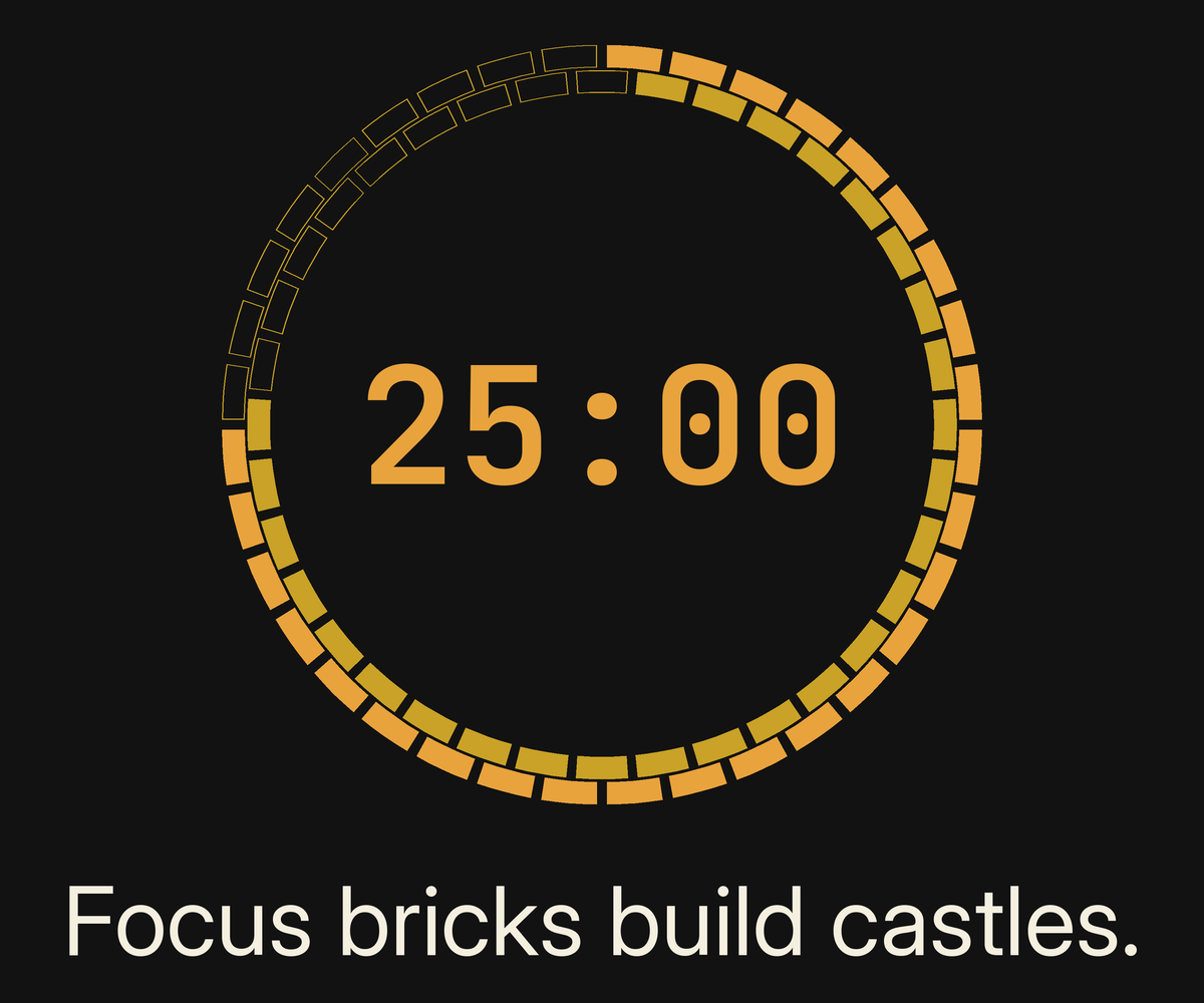 Focus Session Framed Print, Brick Ring design, close-up of the print artwork: ring of amber and gold bricks, partly filled with the rest in outline, around an amber 25:00 timer, above the line 'Focus bricks build castles.' on charcoal