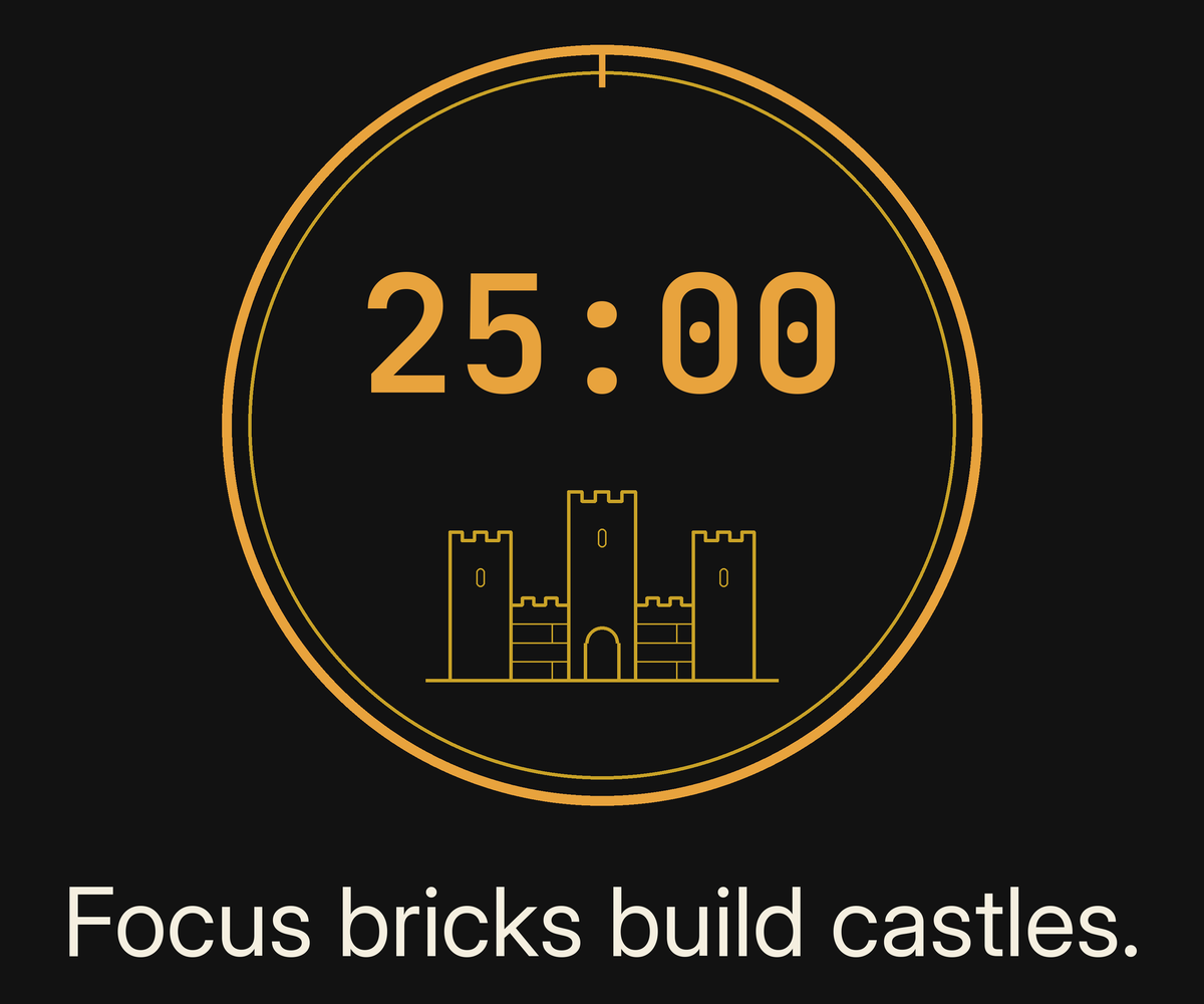 Focus Session Framed Print, Brick Rise design, close-up of the print artwork: thin amber ring around an amber 25:00 timer with a small line-drawn castle inside, above the line 'Focus bricks build castles.' on charcoal