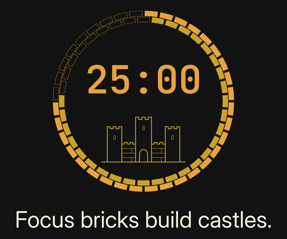 Focus Session Framed Print, Castle Ring design, close-up of the print artwork: ring of amber and gold bricks, partly filled with the rest in outline, around an amber 25:00 timer with a small line-drawn castle inside, above the line 'Focus bricks build castles.' on charcoal