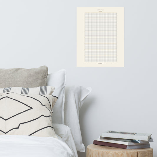 Memento Mori Tracker by GOACTO (16×20) poster mockup: cream week grid with a serif MEMENTO MORI header, hanging on a pale grey wall above a bed with patterned pillows and a stool stacked with books