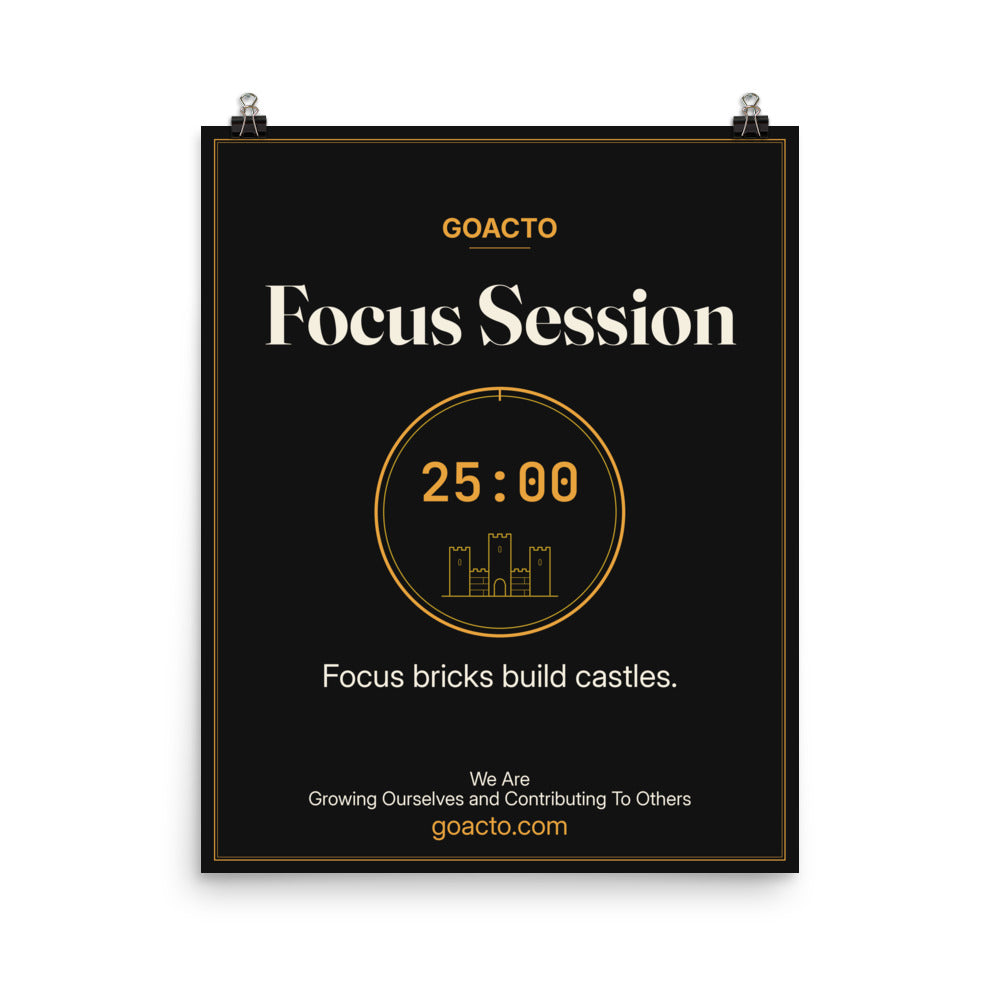 Focus Session Matte Poster, Brick Rise design, 16x20 unframed: thin gold ring around a 25:00 timer with a small line-drawn castle inside, on charcoal, the line 'Focus bricks build castles.' and 'We Are / Growing Ourselves and Contributing To Others' above goacto.com