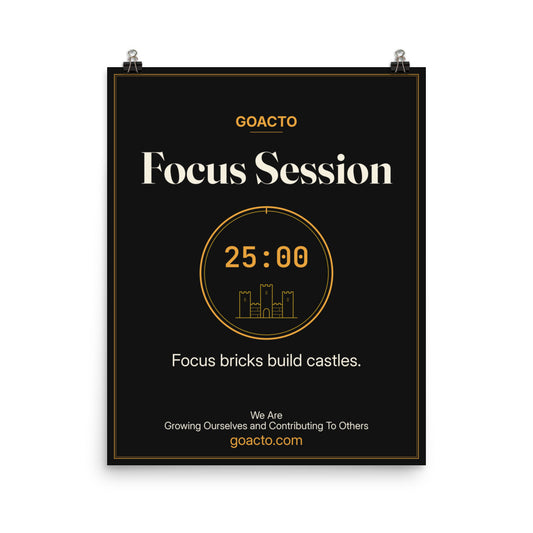 Focus Session Matte Poster, Brick Rise design, 16x20 unframed: thin gold ring around a 25:00 timer with a small line-drawn castle inside, on charcoal, the line 'Focus bricks build castles.' and 'We Are / Growing Ourselves and Contributing To Others' above goacto.com