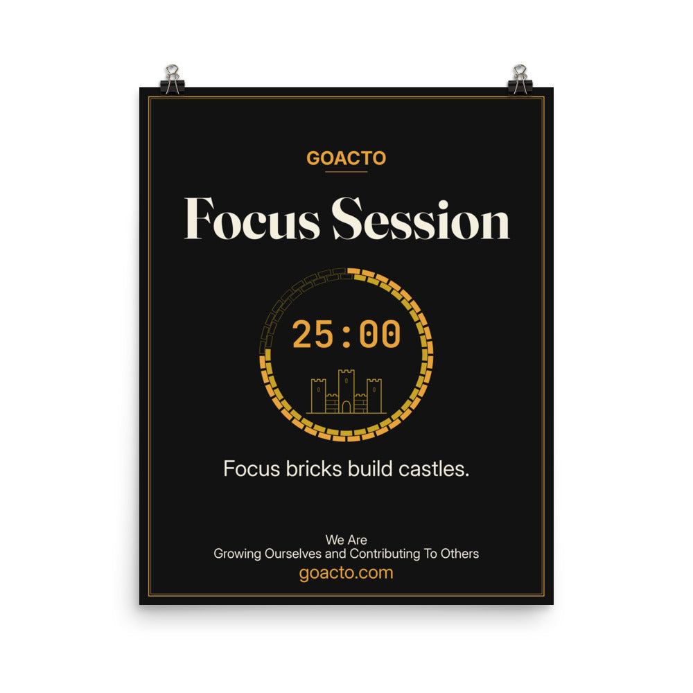 Focus Session Matte Poster, Castle Ring design, 16x20 unframed: ring of gold bricks around a 25:00 timer with a small line-drawn castle inside, on charcoal, the line 'Focus bricks build castles.' and 'We Are / Growing Ourselves and Contributing To Others' above goacto.com