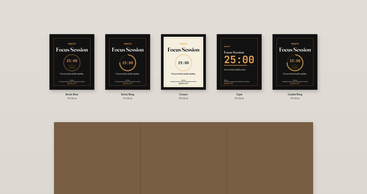 Focus Session Framed Print, Brick Ring design, the set of five Focus Session prints (Brick Rise, Brick Ring, Cream, Type and Castle Ring), each 11x14 in a black frame, hung in a row above a sideboard. Digital preview at true relative scale