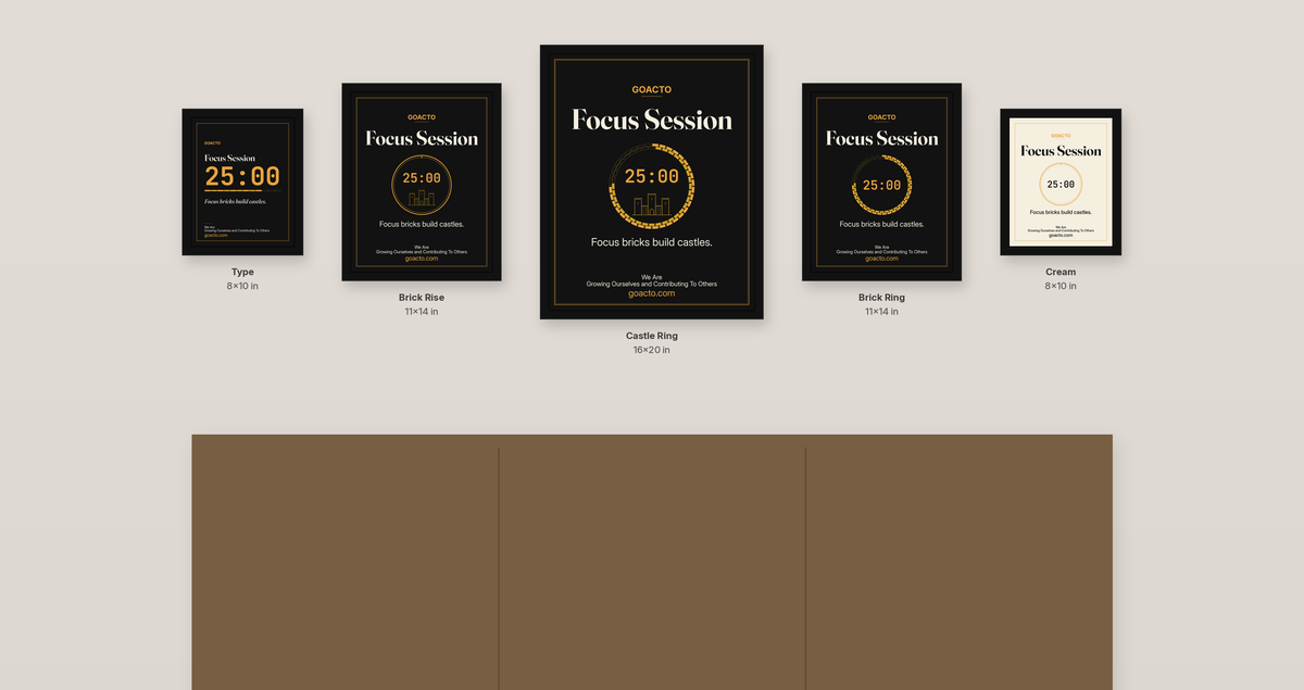 Focus Session Framed Print, Brick Rise design, the set of five Focus Session prints in mixed sizes (Type 8x10, Brick Rise 11x14, Castle Ring 16x20, Brick Ring 11x14, Cream 8x10), in black frames hung in a row above a sideboard. Digital preview at true relative scale