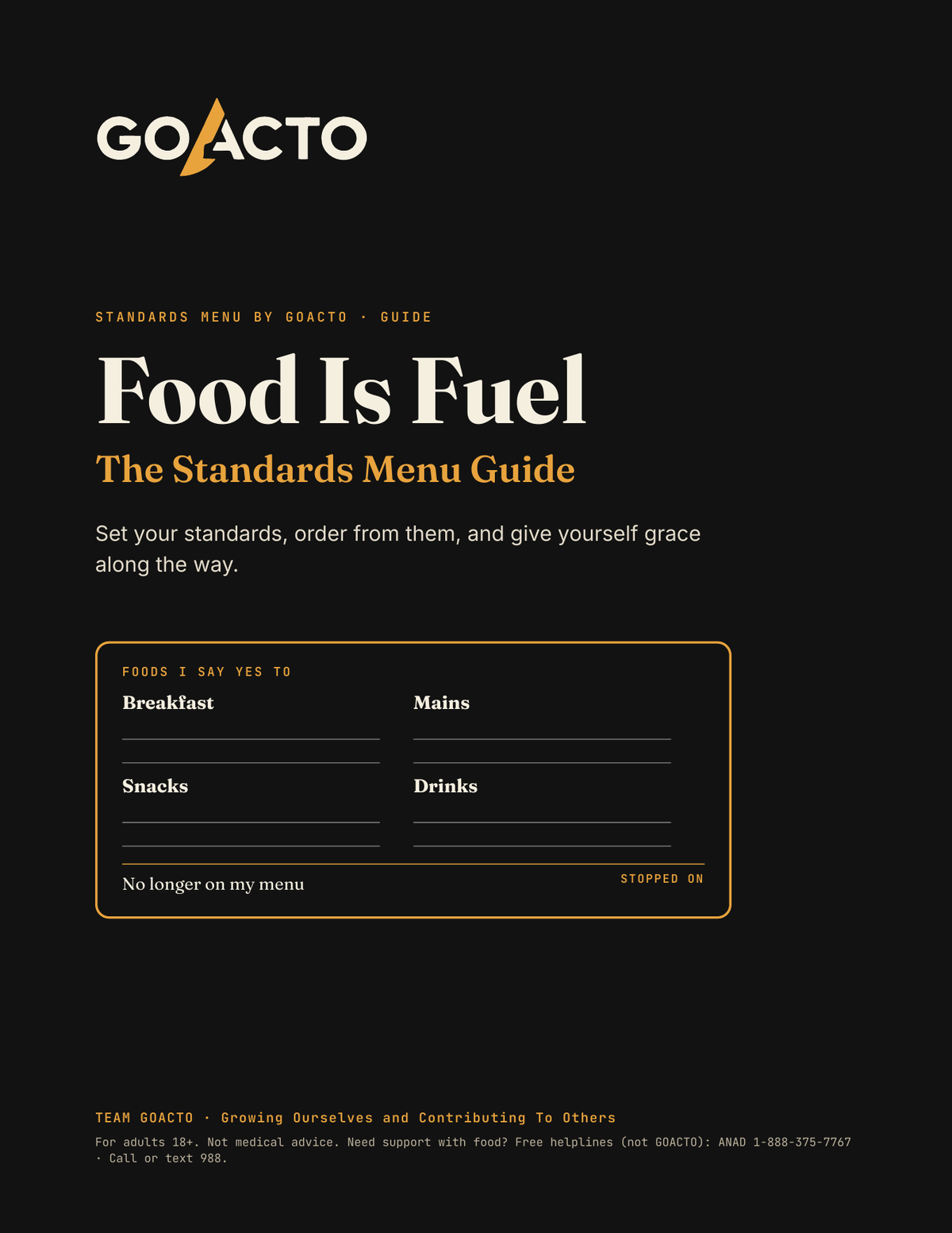 Cover of Food Is Fuel: The Standards Menu Guide by GOACTO
