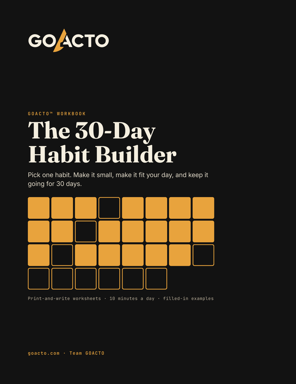 Cover of The 30-Day Habit Builder Workbook, a printable GOACTO PDF