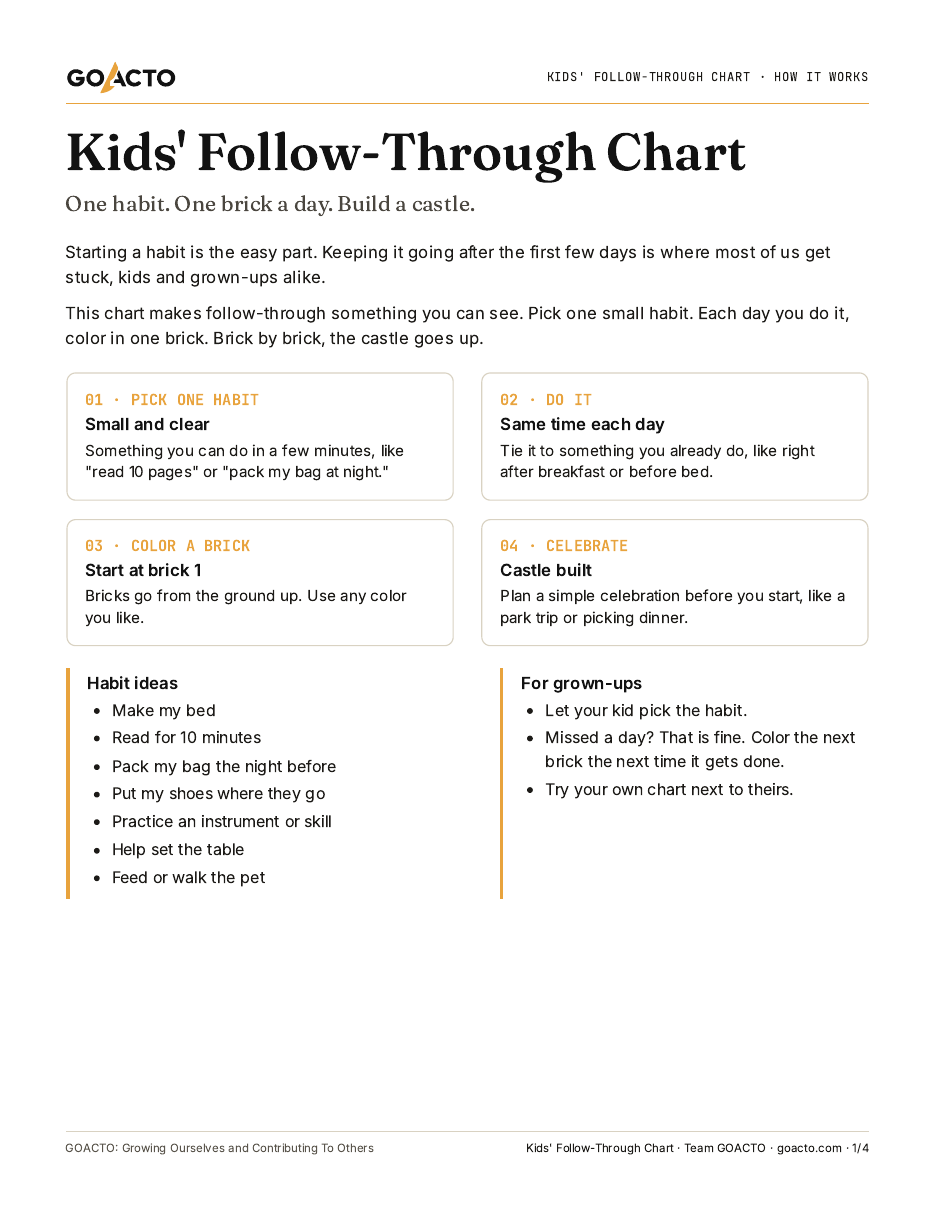 Kids' Follow-Through Chart printable, page one preview