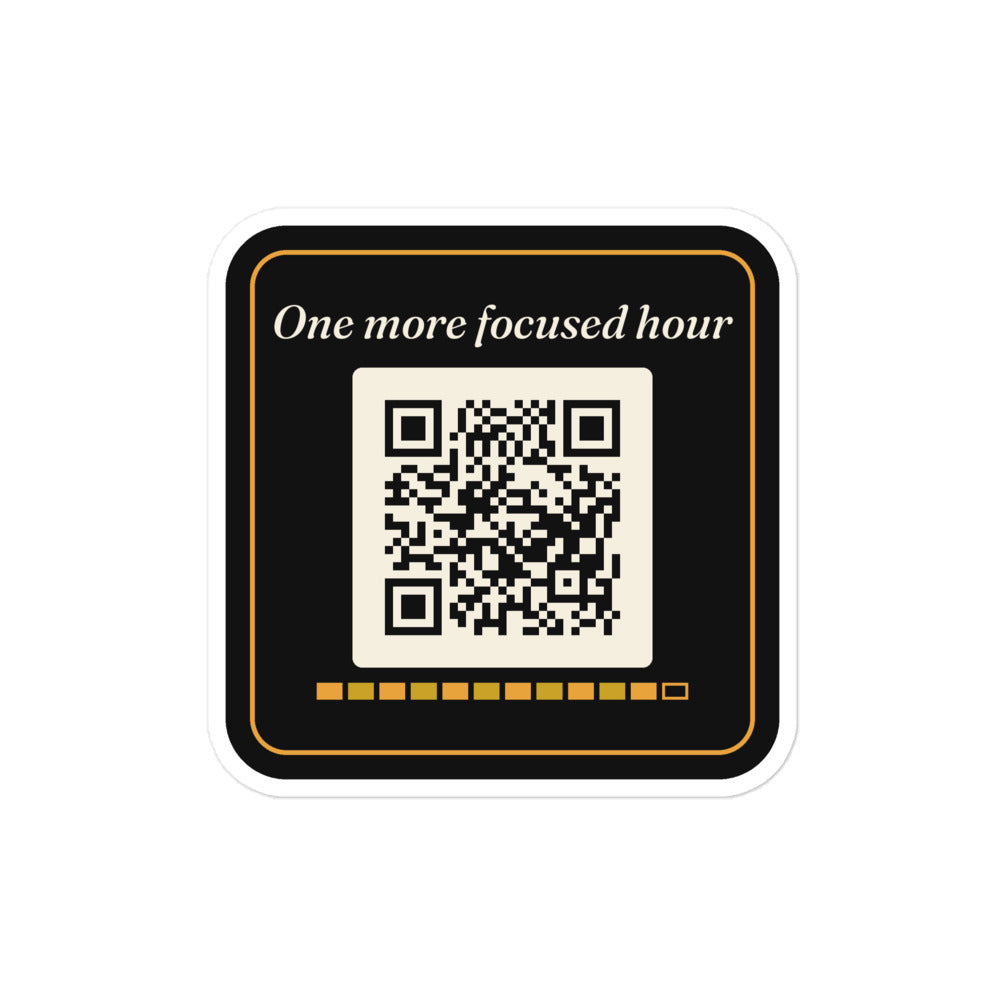 One More Focused Hour QR laptop sticker by GOACTO, kiss-cut vinyl with white border