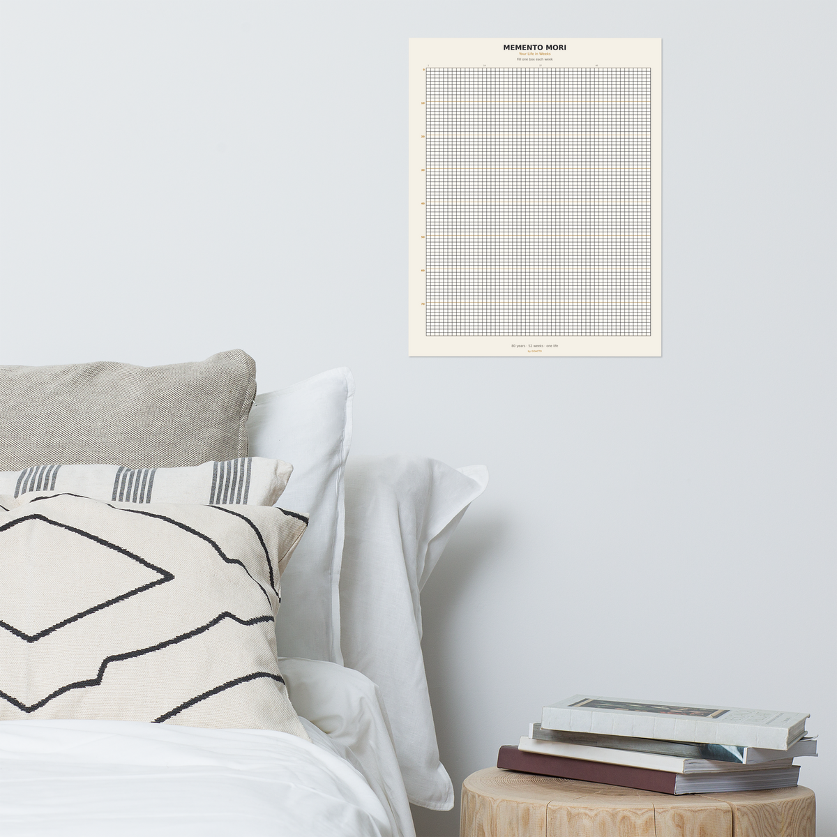Memento Mori Tracker by GOACTO (16×20), hanging above a bed