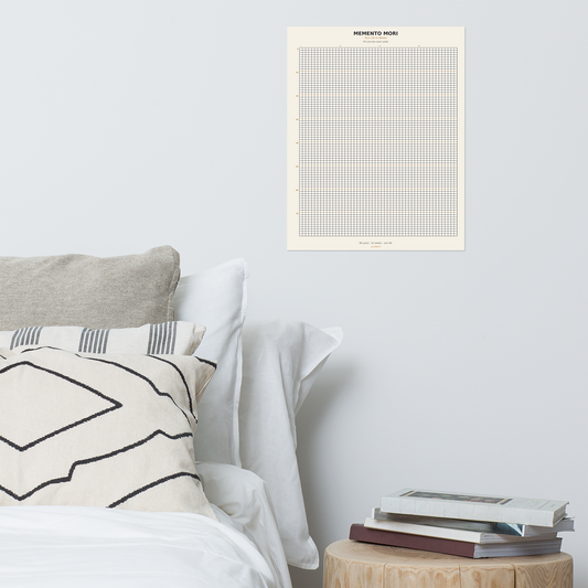 Memento Mori Tracker by GOACTO (16×20), hanging above a bed