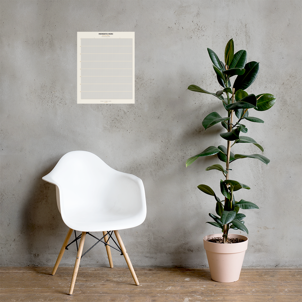 Memento Mori Tracker by GOACTO (16×20), hanging beside a chair