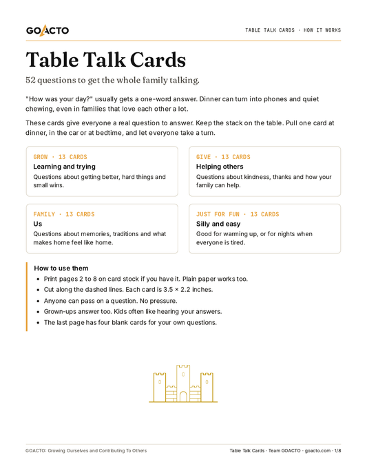 Table Talk Cards printable, page one preview
