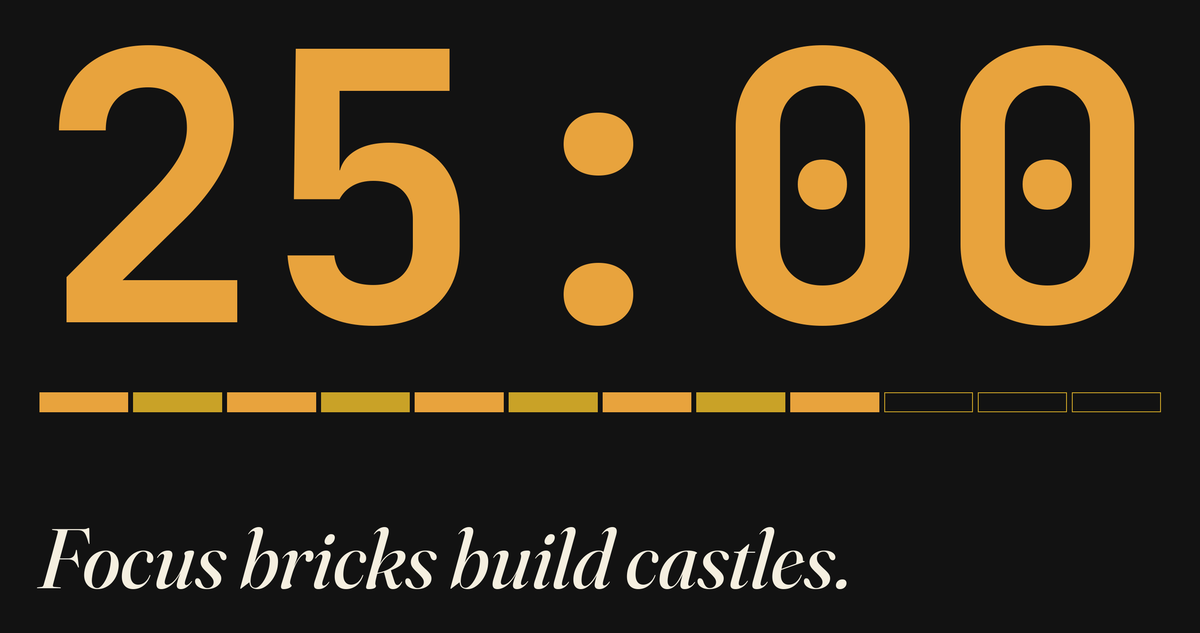 Focus Session Framed Print, Type design, close-up of the print artwork: oversized amber 25:00 above a segmented amber progress bar, with the italic line 'Focus bricks build castles.' on charcoal
