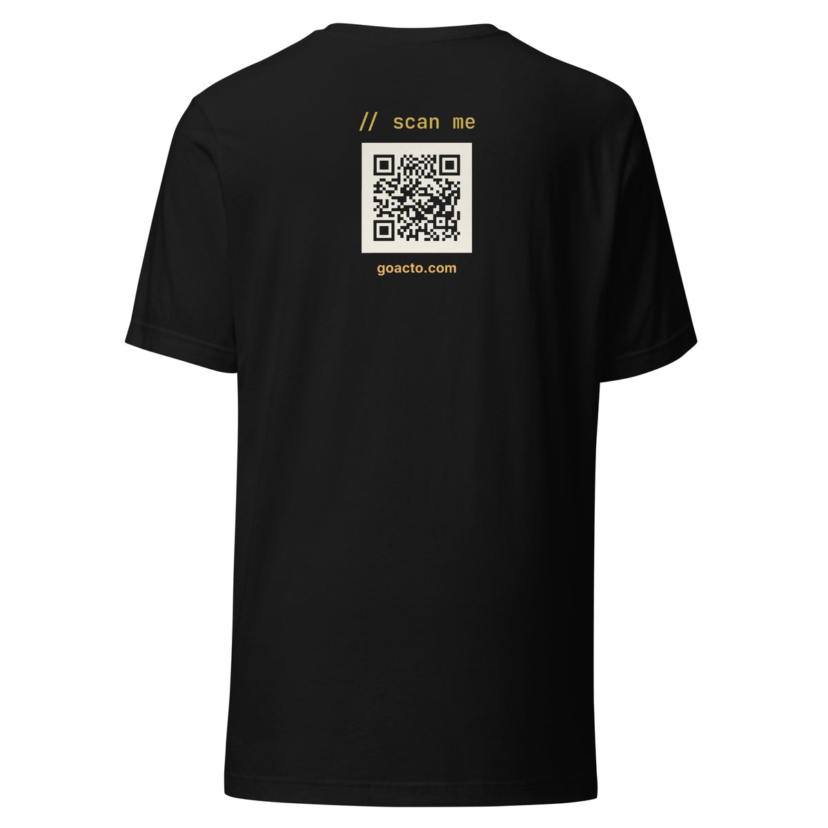 <goacto/> Tee, black, back view, with "// scan me" above a cream QR code that opens goacto.com