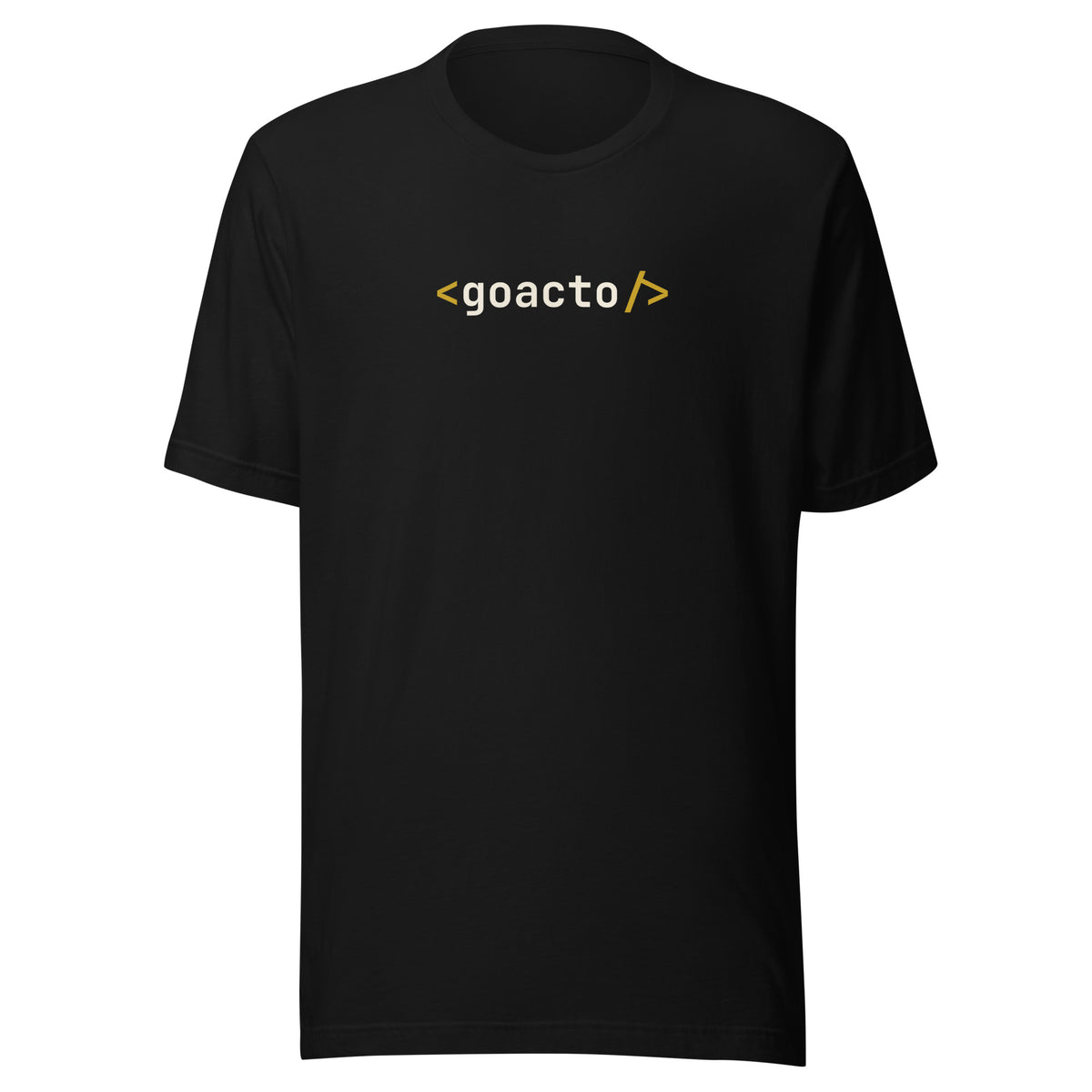 <goacto/> Tee, black, front view, with the <goacto/> tag printed across the chest in cream and amber monospace type