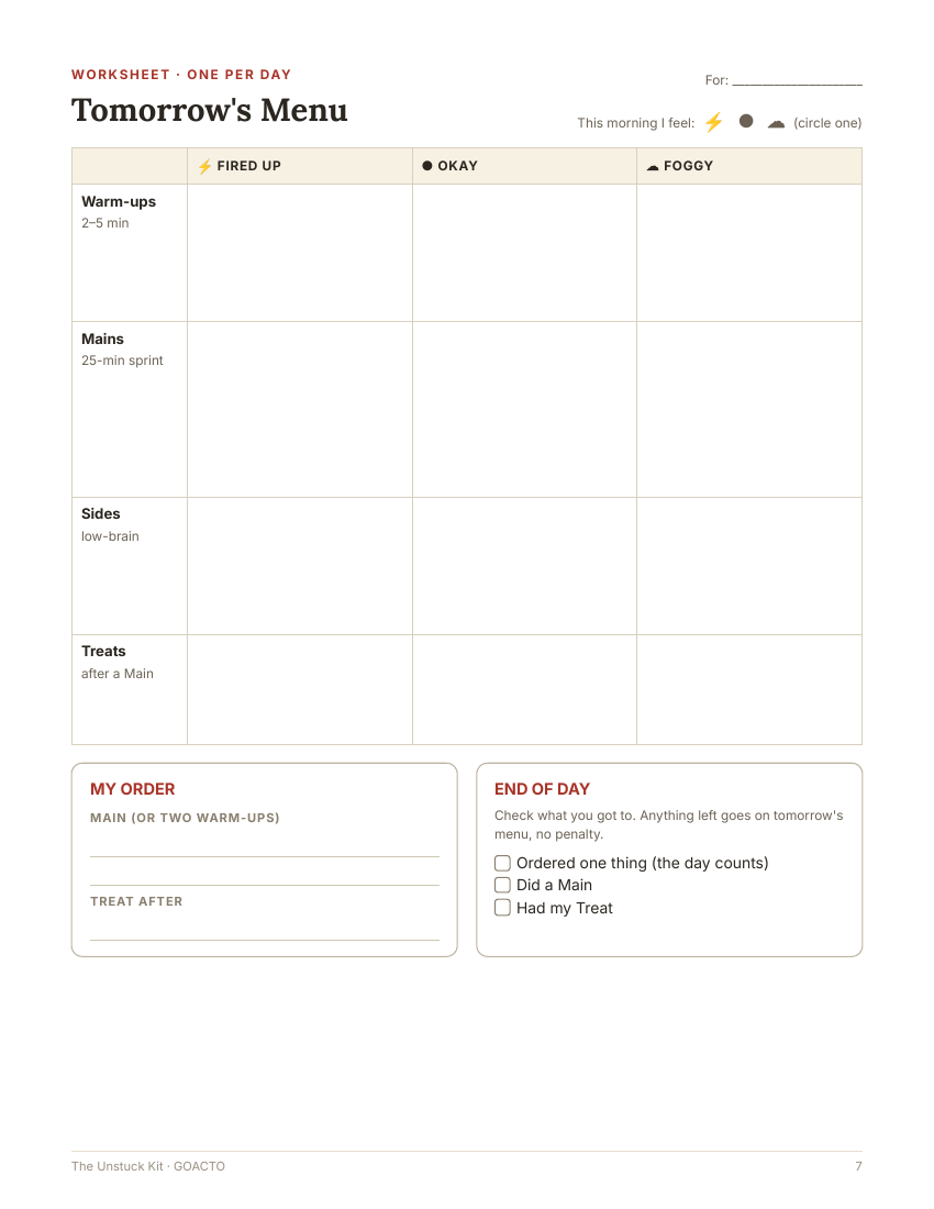 Want-To Menu worksheet page from The Unstuck Kit
