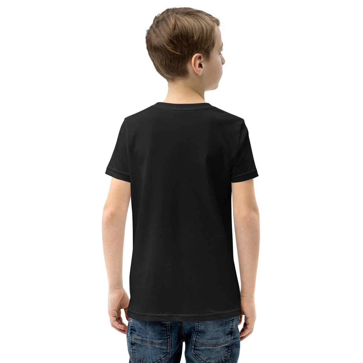 Code Youth Tee, black, back view lifestyle shot, plain black back with no print