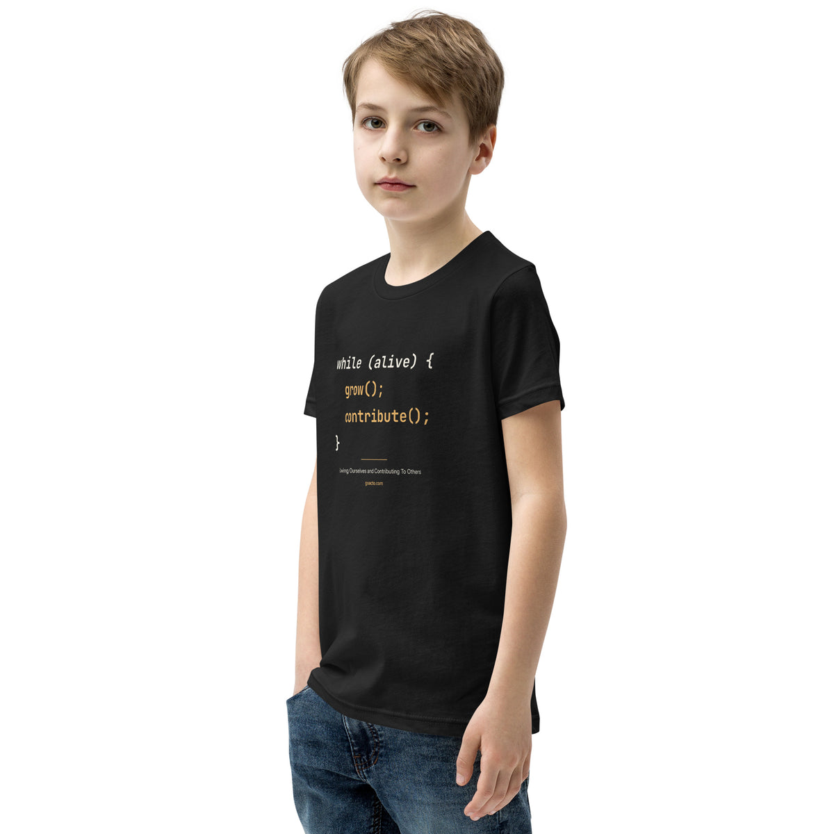 Code Youth Tee, black, left front angle, showing the code print on the chest