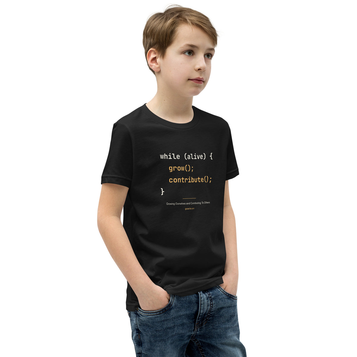 Code Youth Tee, black, right front angle, showing the code print on the chest